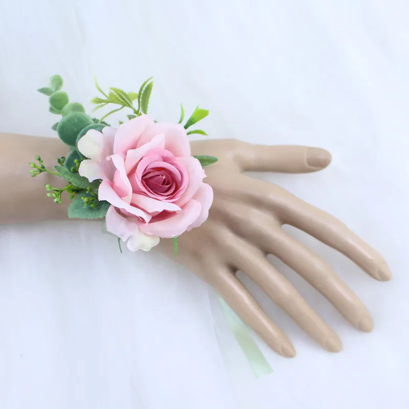 YO CHO Wedding Planner Roses Artificial Silk Flower Wrist Corsage Bracelet Groom Boutonniere White Wedding Men Marriage Flowers