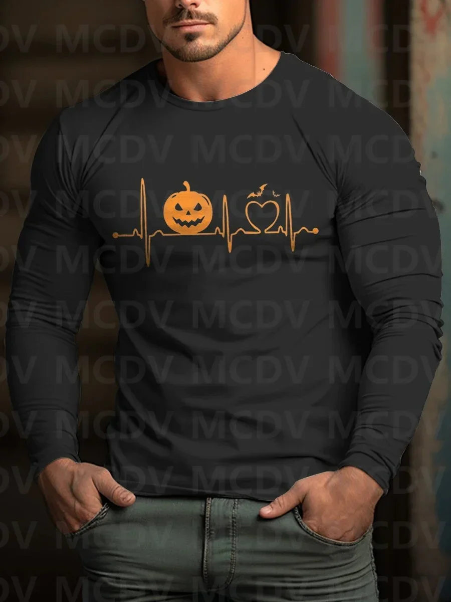 Men's Halloween Pumpkin Heart Rate Pattern Casual Print Long Sleeve T-Shirt