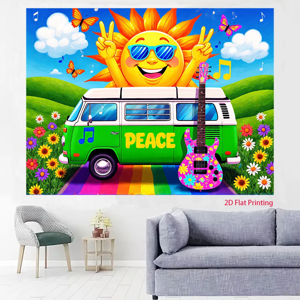 Retro Hippie Van Tapestry, Peace Sign Sun Guitar Wall Hanging for Bedroom Dorm Decor, Colorful Psychedelic Art Gift
