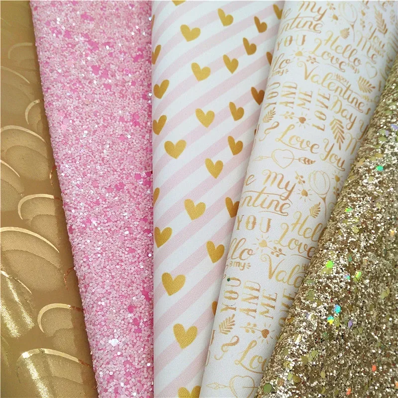 Pink Glitter Leather Iridescent Gold Glitter Leather Sheest Hearts LOVE Printed Synthetic Leather DIY Craft Sheet Mini Roll W364