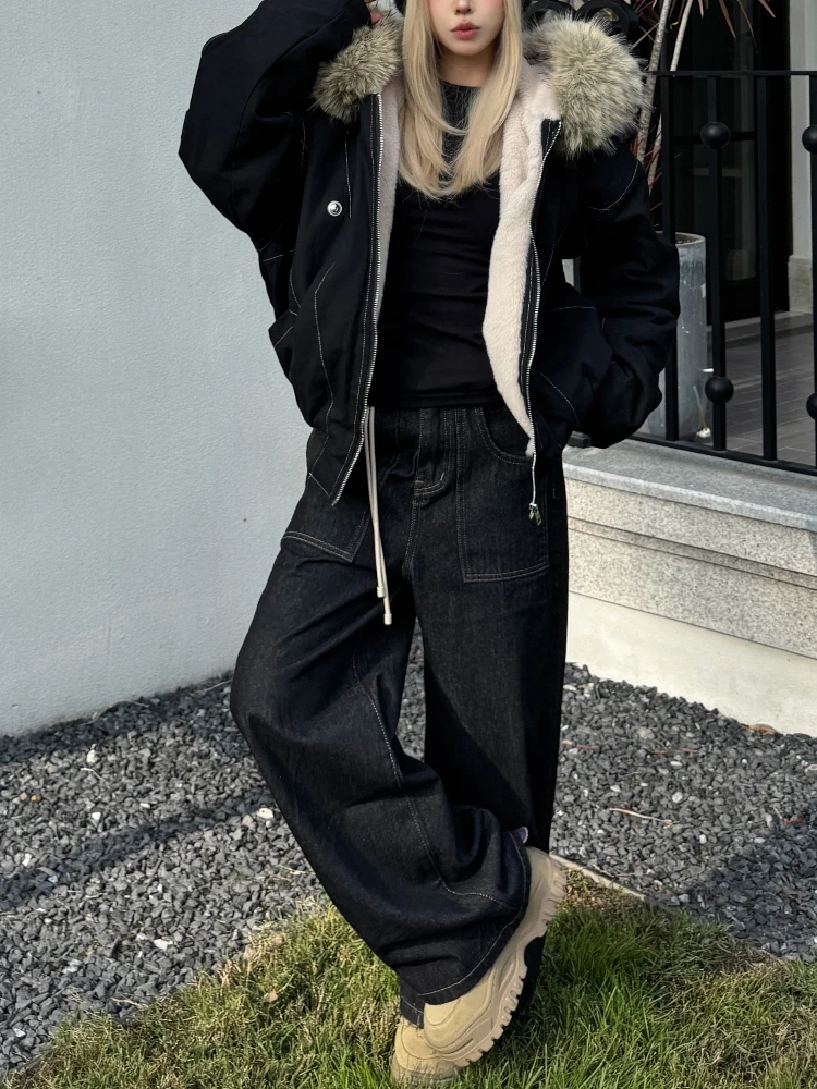 2000s Aesthetic Black Elegant Jacket Woman 2025 Winter Y2k Zip Up Hooded Design Harajuku Coat Female Loose Casual Punk Outfits