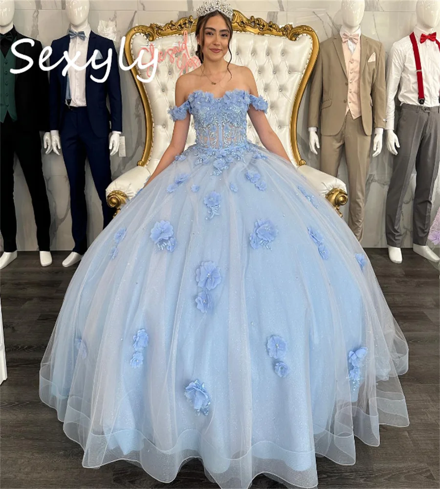 تخصيص سندريلا الأزرق فساتين Quinceanera ثلاثية الأبعاد الأزهار مطرز الفقرة Xv الأميرة فستان حفلة عيد ميلاد أنيقة مطرز فستان حفلات