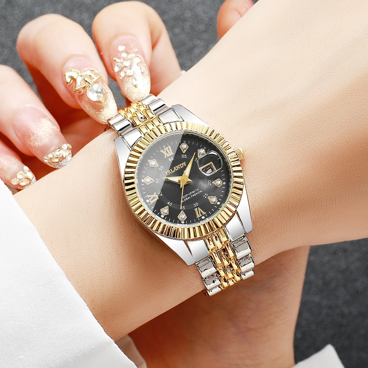 Modische Damen-Quarzuhr mit Roma-Zifferblatt, Strass, Edelstahl, Kalender, Armbanduhren, Reloj Mujer, Geschenk (ohne Box) – Detail 11