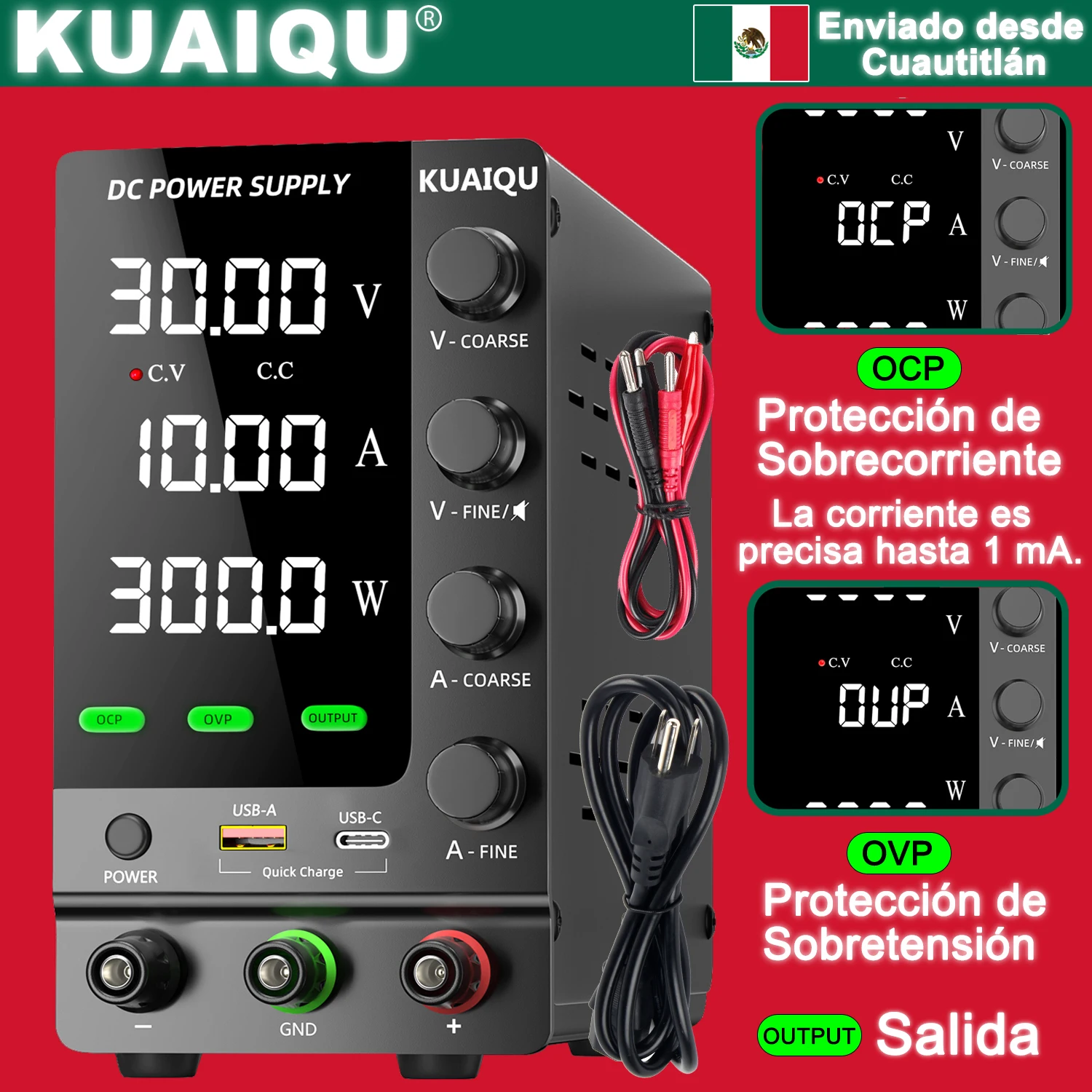 Fuente de Alimentación KUAIQU 30V 10A Ajustable, Fuente de Alimentación de Banco de CC Regulada con Salida/OCP/OVP/Encoder, Precisión de 1 mA, CA 110V