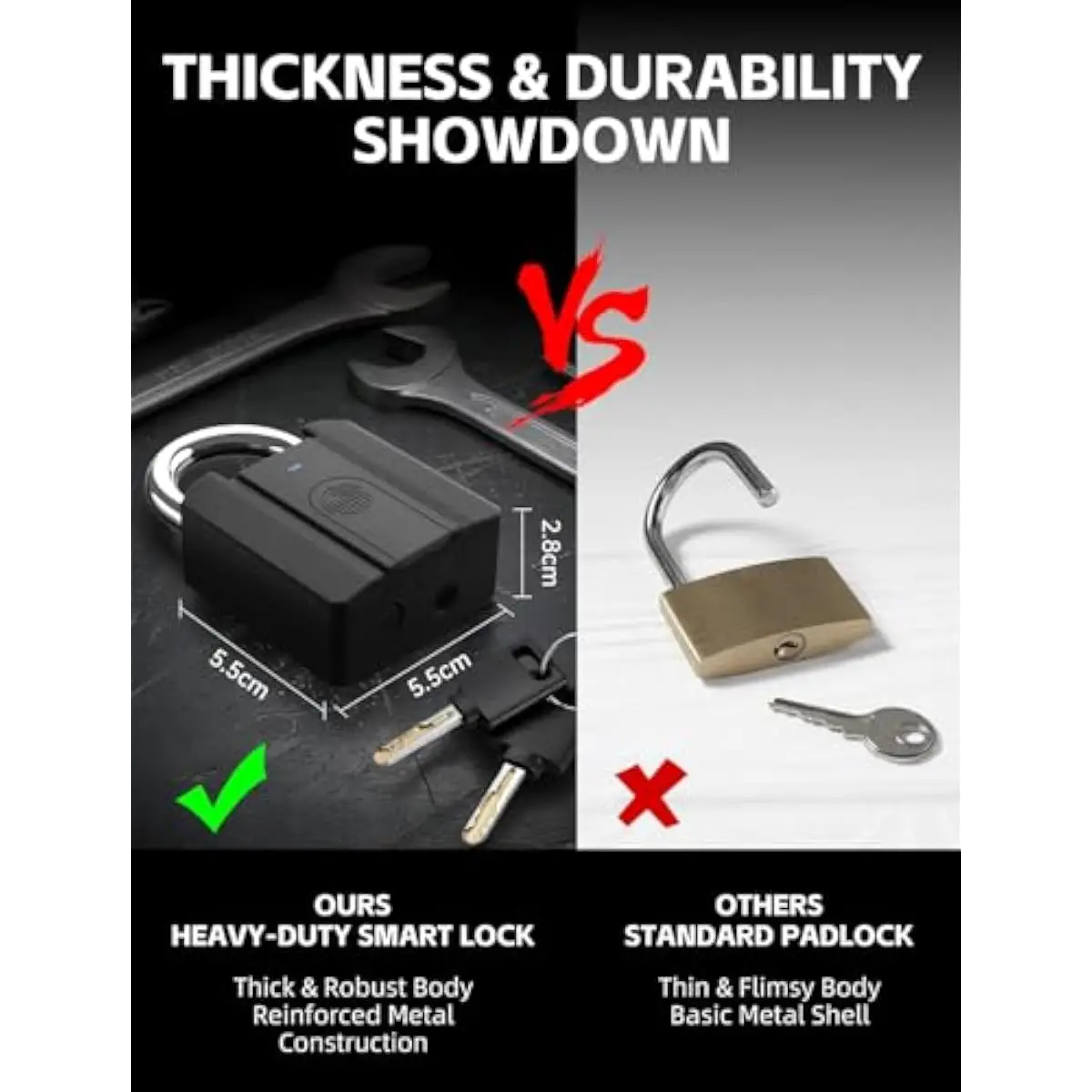 Fingerprint Padlock, Smart Gym Locker Lock with Key Backup, 2 Keys