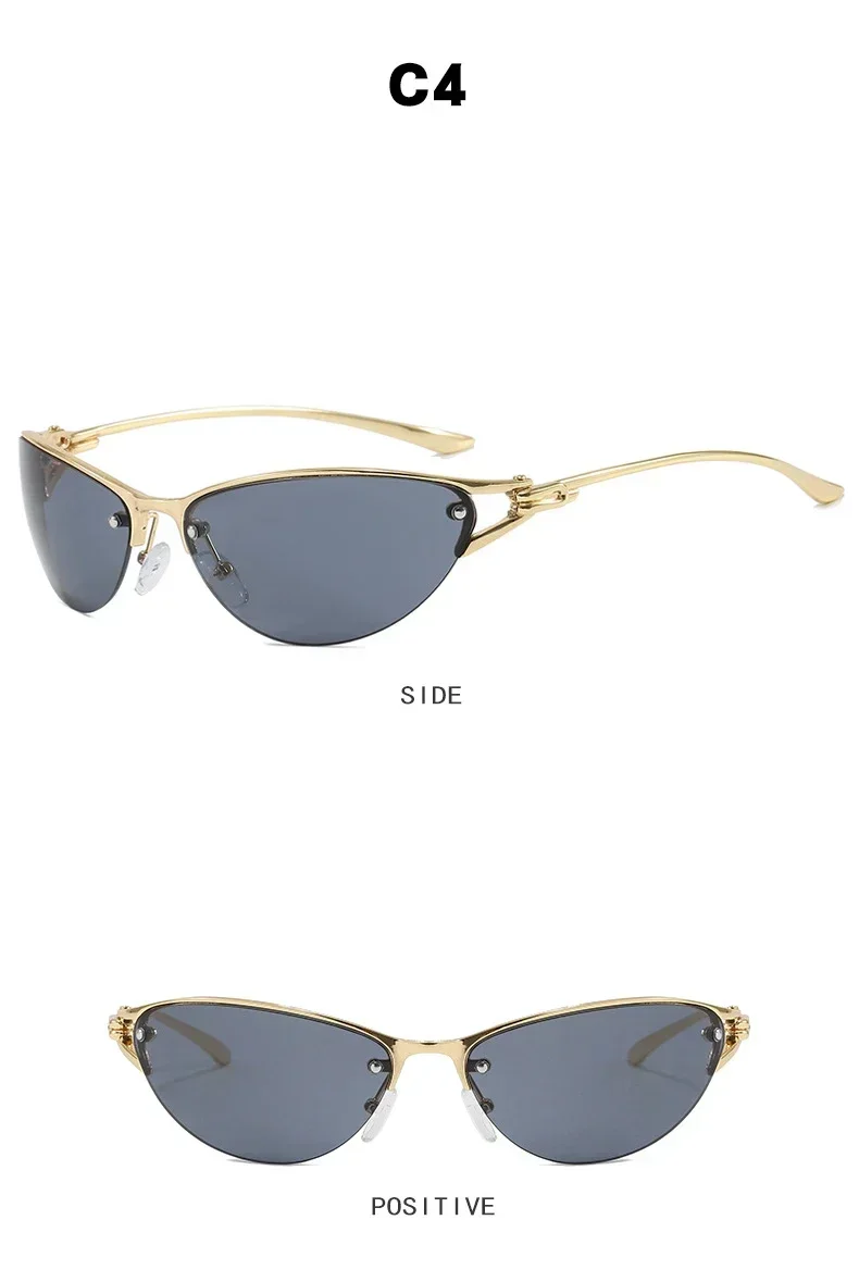 Neue silberne Y2K Metall-Cat-Eye-Sonnenbrille für Damen, modische Halbrahmen-Sonnenbrille mit klaren, getönten Gläsern, UV400, trendige Sonnenbrille für Herren, UV400 – Detail 9