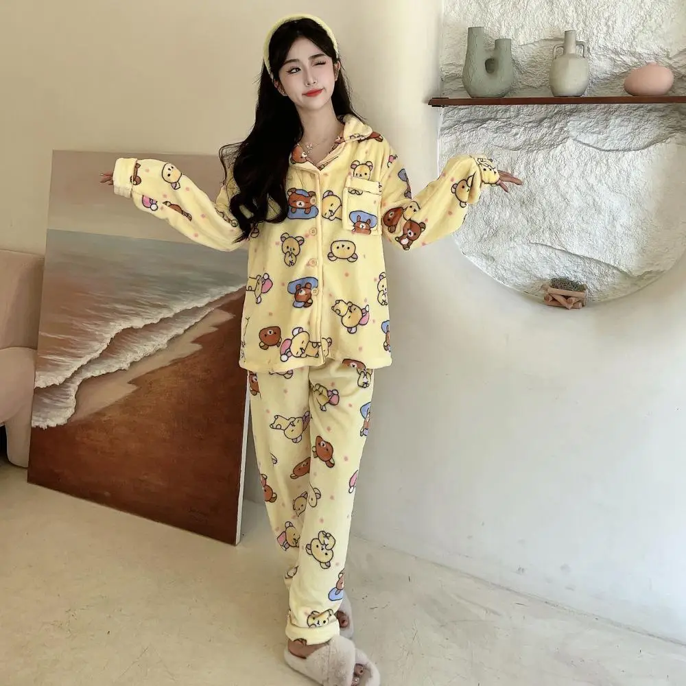 Kawaii Rilakkuma Anime Cartoon Coral Velvet Pajamas Winter Girls Warm Home Clothes Set Give Gifts To Girlfriend