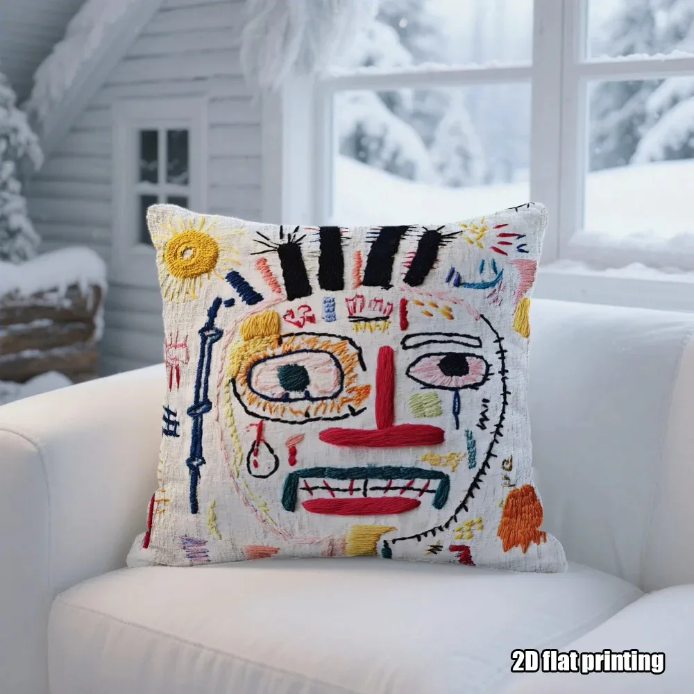 

Abstract Face Graffiti 2D Flat Printed Peach Skin Square Pillowcase Faux Embroidery Couch Cushion Cover Living Room Decor
