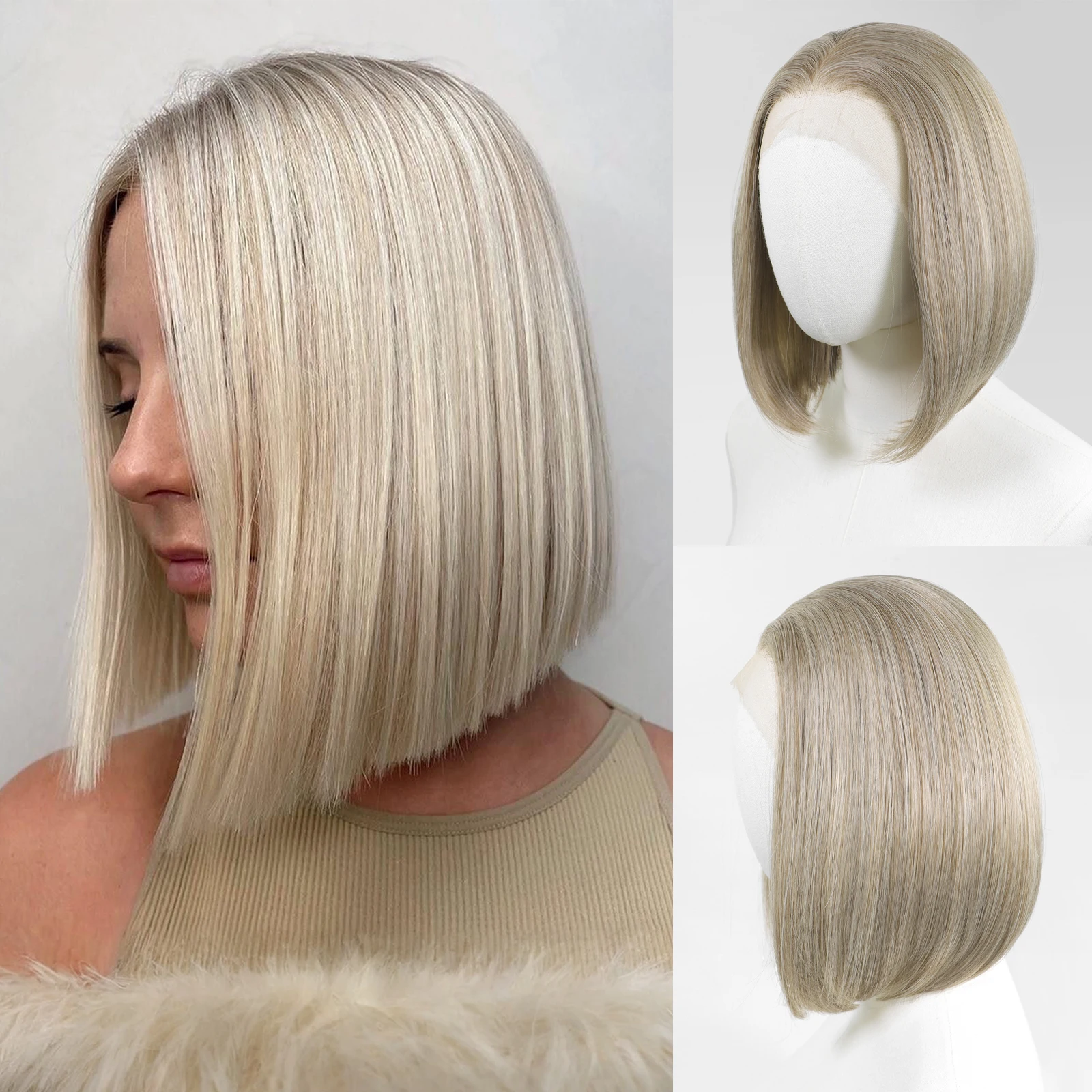 

Женский парик из синтетического волокна, 12 дюймов, короткий боб, шелковистый, с мелированием в оттенке светлого блонда, с кружевной передней частью 13x4, с предварительно вычесанной линией роста волос, для повседневного использования