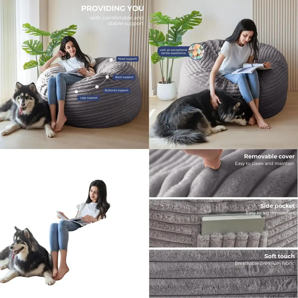 

4 ft Large Adult Bean Bag Chair with Foam Filling, Plush Fur Cover, Machine Washable, Ideal for Living Room or Bedroom