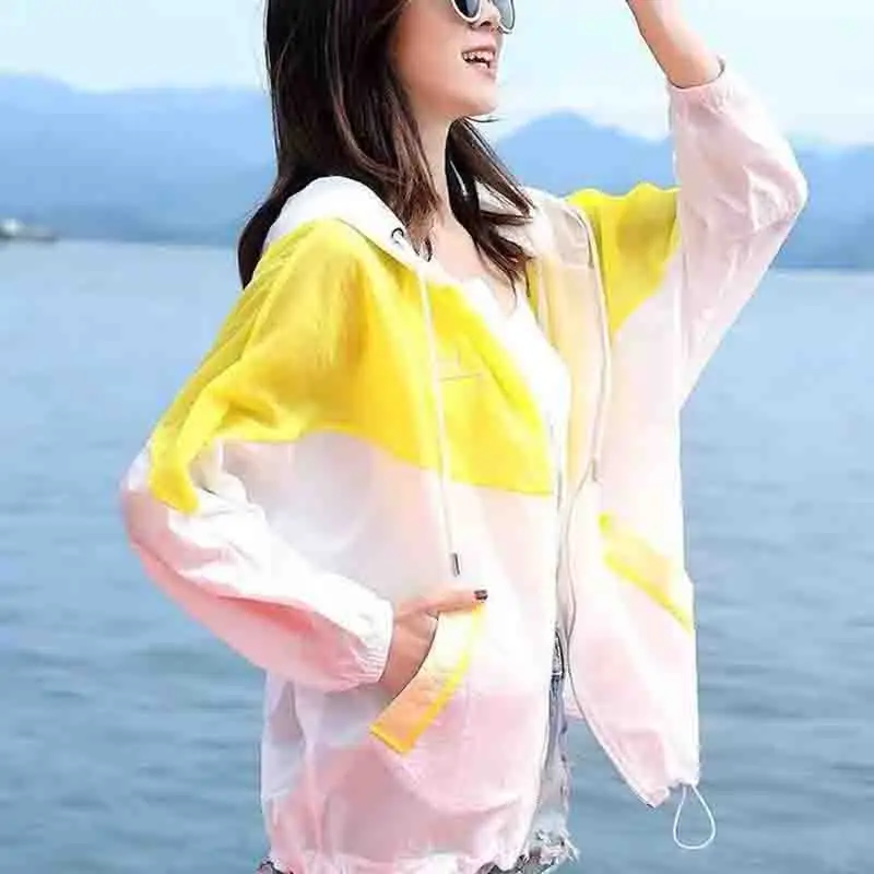 Korean Summer Female Hooded Splicing Long Sleeved Sun Protection Coat Women Students Loose Fitting Hooded Sunscreen Jacket
