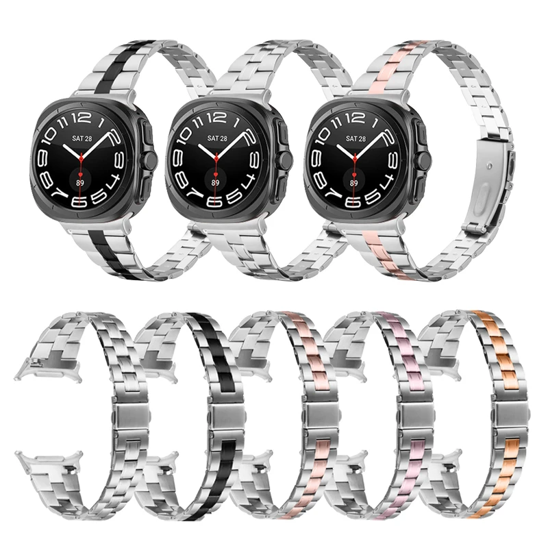 For Samsung Galaxy Watch 7 Ultra 47mm Stainless Steel Watchband Metal Slim Three-Beads Bracelet Correa For Watch 7 Ultra band