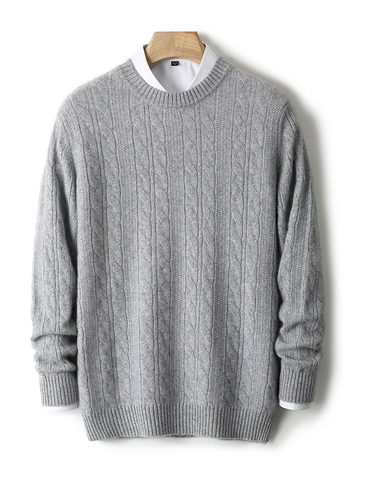 Light Luxury 100% Pure Wool Knitted Pullover Sweater men's 0-neck Thick Twisted Flower Cashmere Loose Casual Business Bottom Top