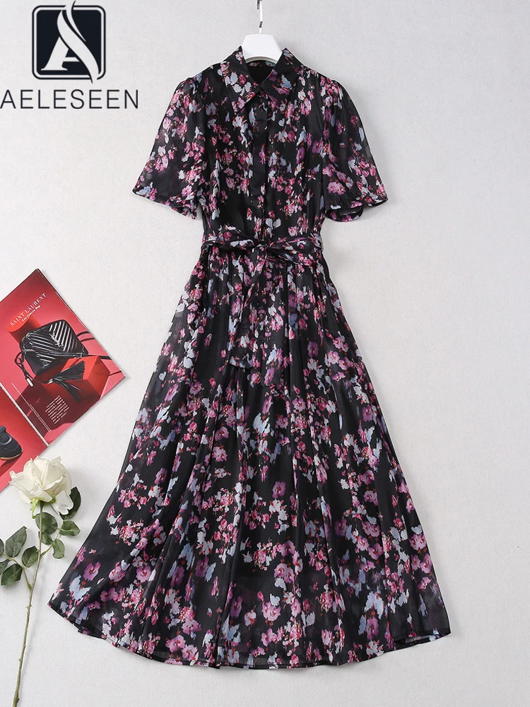 

AELESEEN Vintage Midi SHirt Dress Runway Fashion Turn-down Collar Colorful Flower Print Belt Single-breasted Elegant Retro