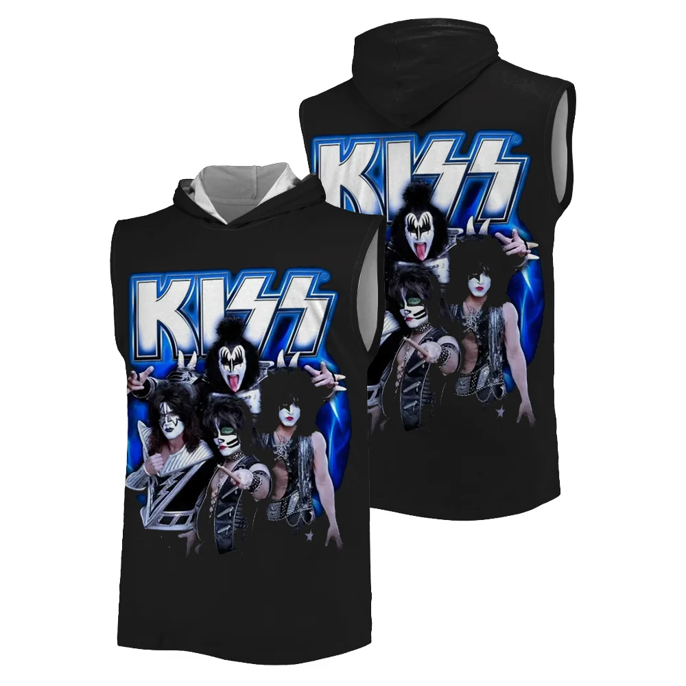 

2025 summer new 3D printed sports hooded vest KISS band fashion trend outdoor fitness breathable quick drying men's tank tops