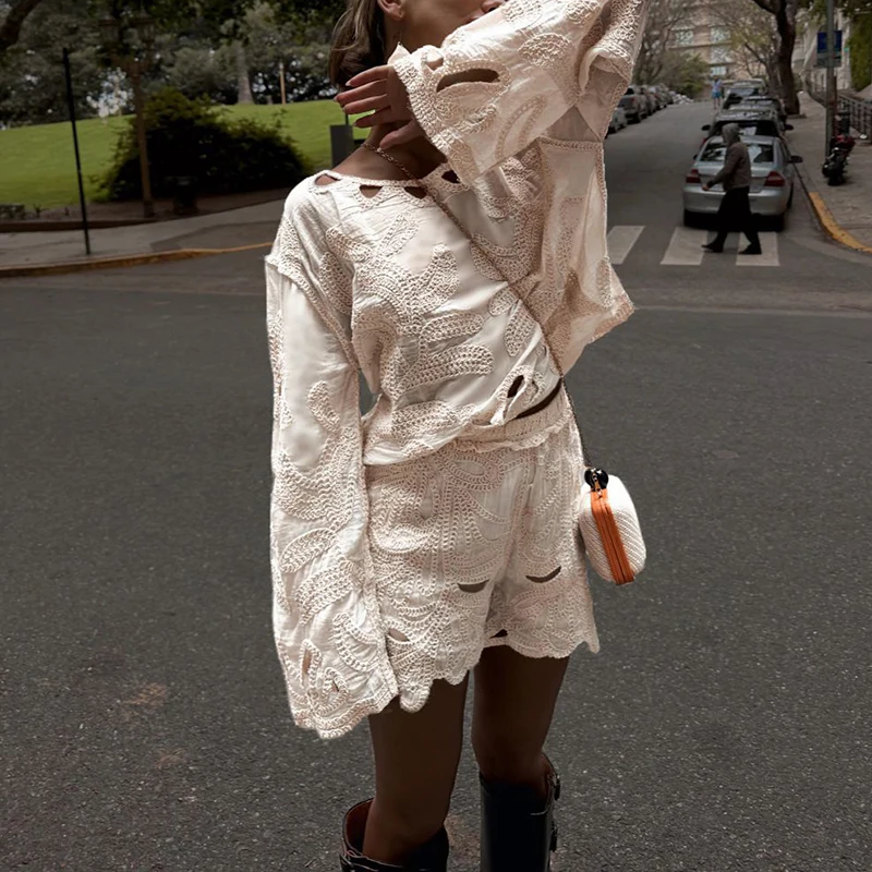 

Women Casual Long Sleeve Solid Loose 2Pc Outfits Fashion Crochet Hollow Out Suits Elegant O-neck Pullover Top & Short Pant Sets