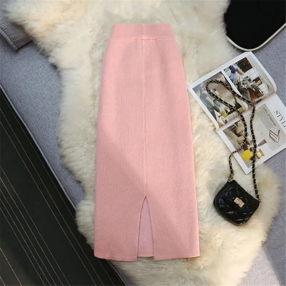 Winter Artificial Mink Fur Warm Knitted Split Long Skirts Women Plush Velvet Thicken Autumn High Waist Solid Color Skirt Elegant