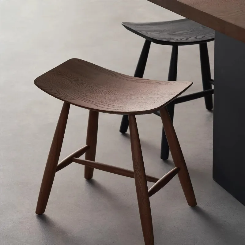 White Oak Smile Stool Solid Wood Mid-Century Vanity Seat Black Wabi Sabi Low Stools for Entryway Rustic Dining Counter Bench