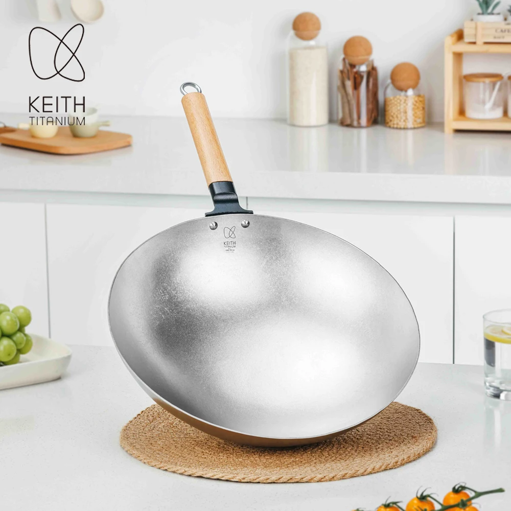 KEITH Pure Titanium Wok 36cm 5L, Coating‑Free Physical Non‑Stick Hand‑Forged Lightweight Stir‑Fry Pan for Home Kitchen & Outdoor