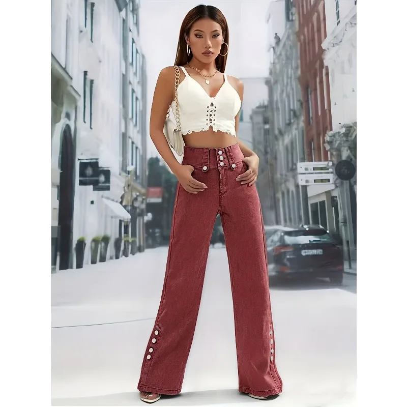 New European Style Casual Rouge Jeans, Single-breasted Women's Jeans, Straight Women's Fashion Joker Four Seasons Jeans.