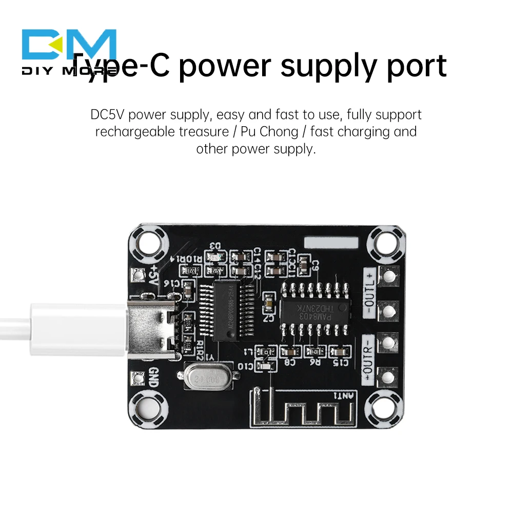 XH-A155 5W+5W Mini PAM8403 Class D Digital Audio Power Amplifier Board TYPE-C DC5V Bluetooth-compatible 5.0 Amplifier Module