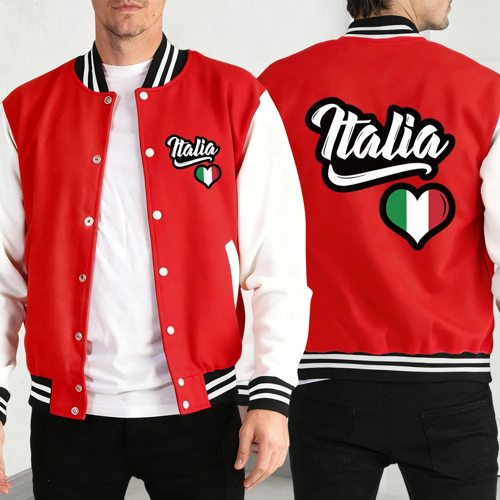 

Italia Heart-Shaped Printed Baseball Jacket Men Casual Loose Top Autumn Fleece Warm Clothing Unisex American Vintage Coat