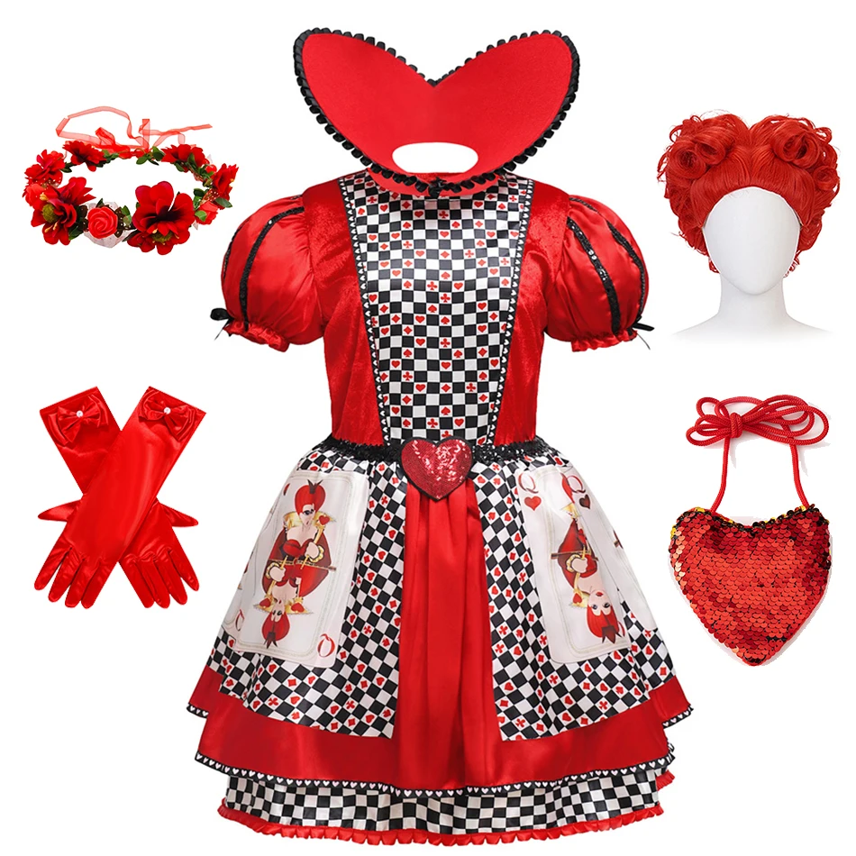 Kid Queen Of Hearts Role Play Princess Dress Alice Poker Cosplay Costume Girl Halloween Stage Performance Birthday Party Clothes