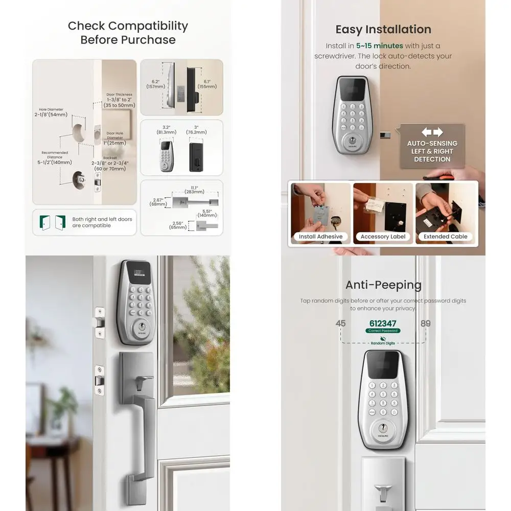 

Умный замок-защелка с ручкой, замок для входной двери, 2 ключа, автоматическая блокировка, 100 PIN-кодов, режим прохода, степень защиты IP54, срок службы батареи 12 месяцев, серебристый цвет