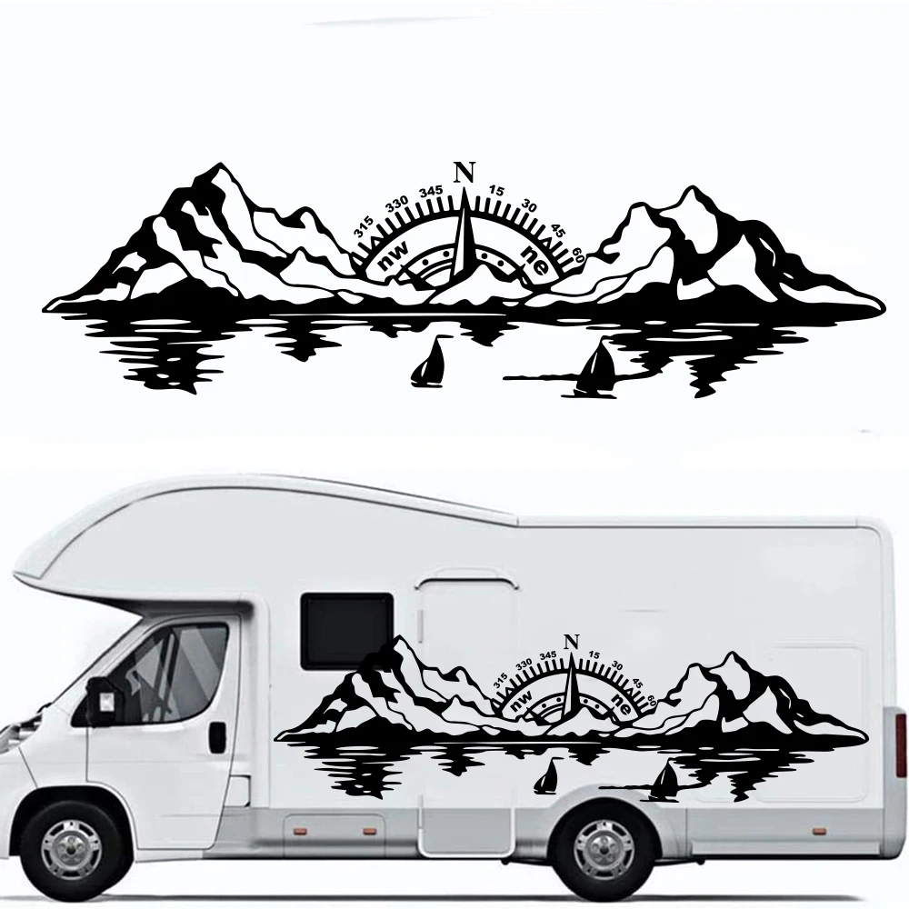 Large Compass Mountain Sea Nature Camping Rv Sticker Ocean Landscape Off Road  Caravan Decal Travel Truck Vinyl Decor