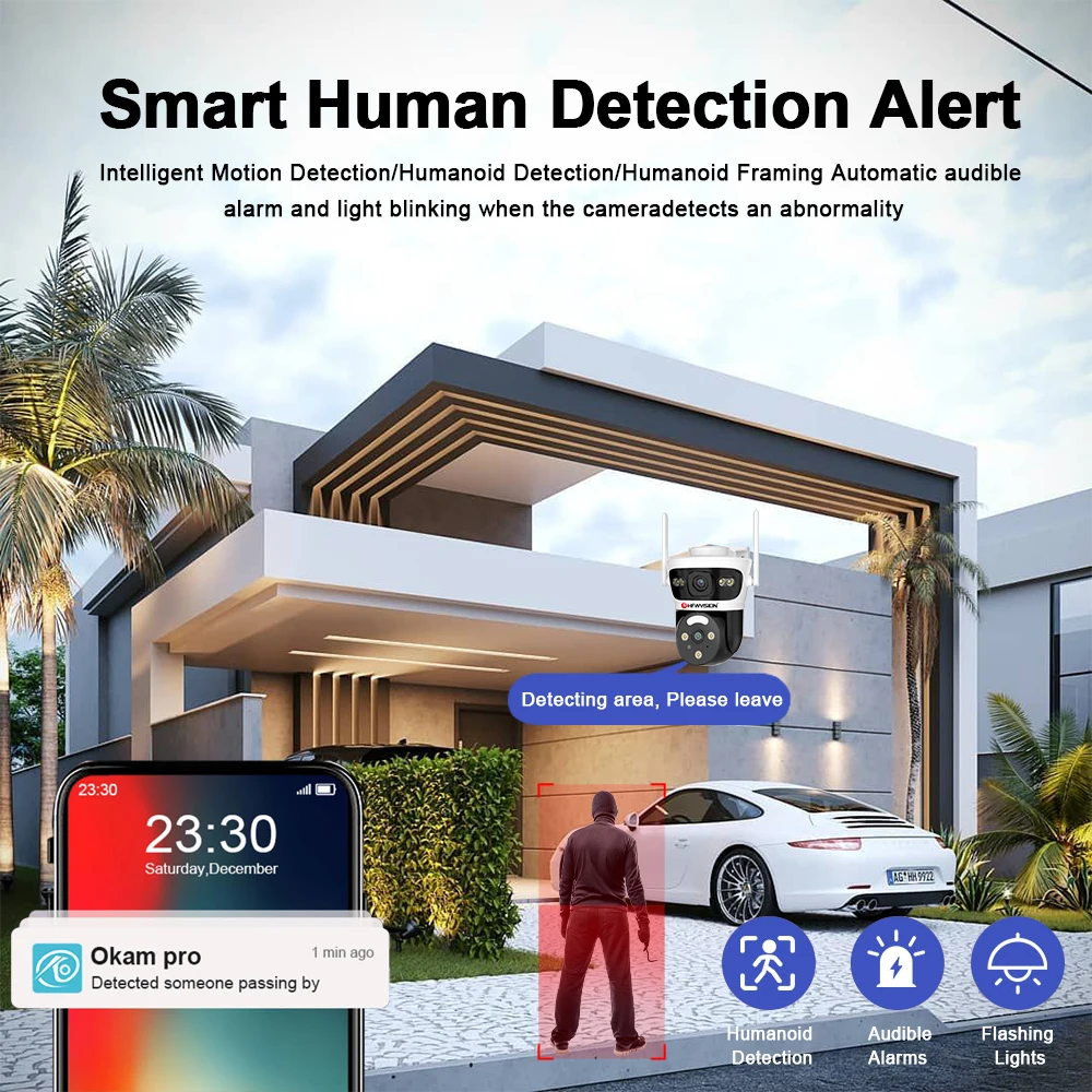 HFWVISION 6MP PTZ Security Camera WiFi Dual Lens 4G SIM Storage Card Way Audio AI Humanoid Tracking Outdoor Home Surveillance