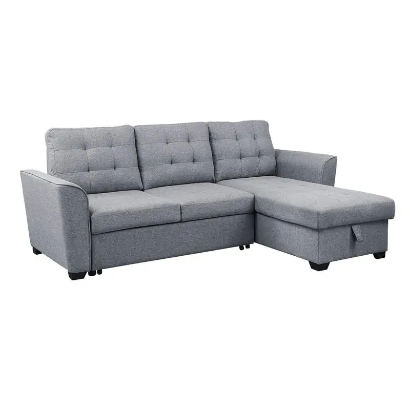 90.5" Light Gray Linen Sleeper Sectional Sofa with Reversible Storage Chaise for Living Room