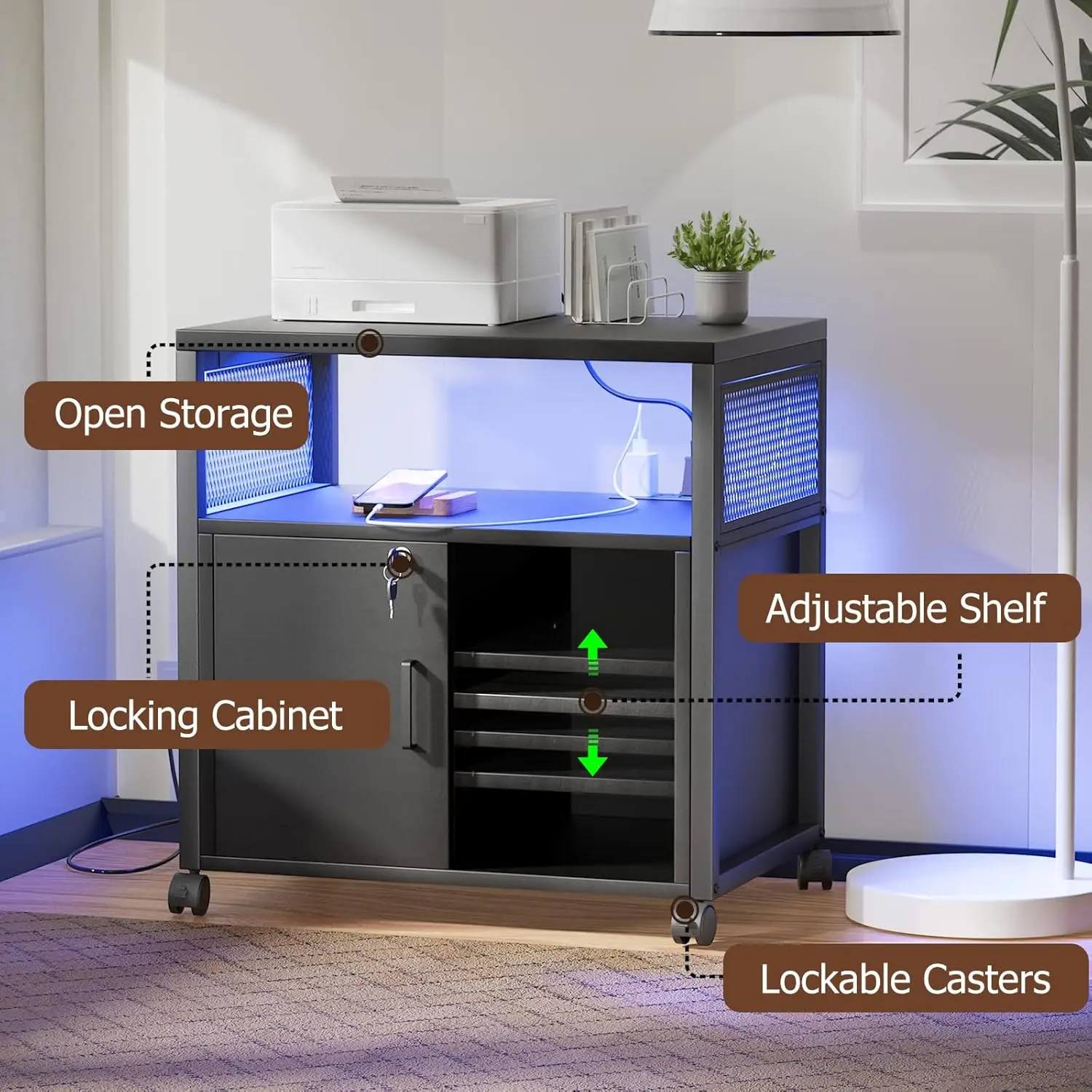 Classeur avec lumières LED, armoire latérale avec prises de courant et ports de charge USB