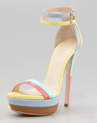 Yellow Blue Pink Mixed Color Leather Open Toe Platform Cover Heel Summer Sandals Women Stiletto Heel Ankle Buckle Party Shoes image 2