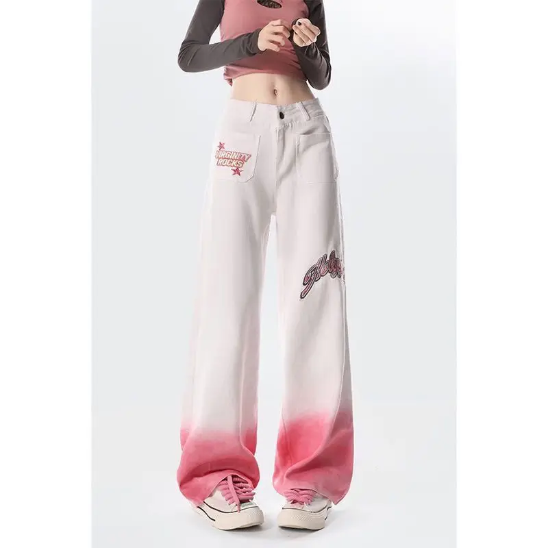 

White Retro Straight High Waist Jeans For Women In Summer Small Gradient Pink Wide-Leg Jeans Casual Embroidered Pants
