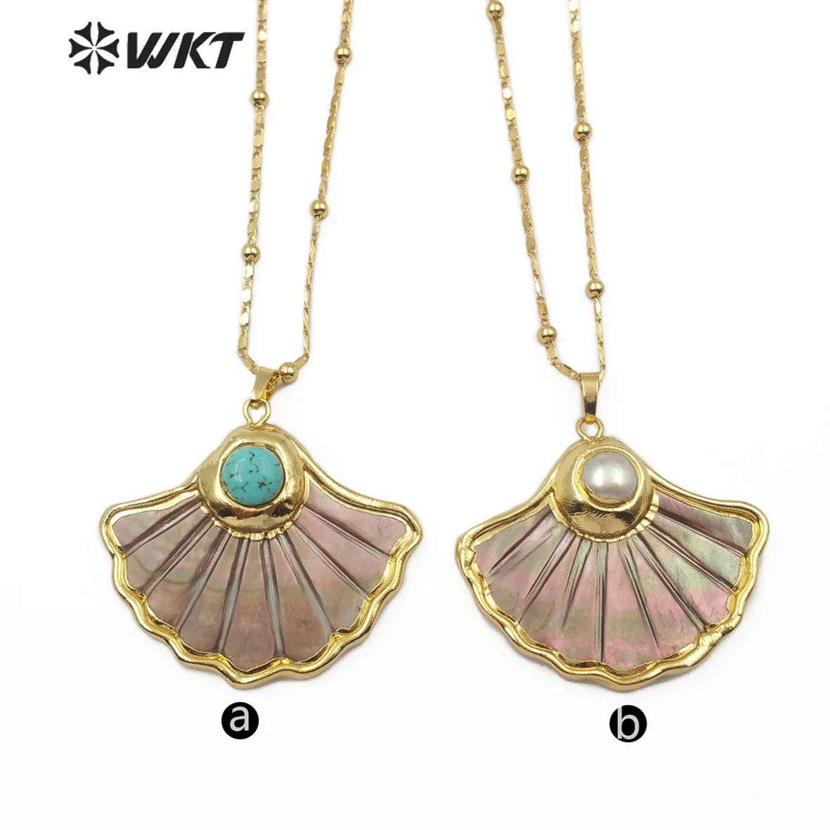 WT-JN065 Skirt Shape Carved Shell Necklace Black Shell With Turquoises&Pearl Charm Pendant Women Necklace Jewelry Boho Gift