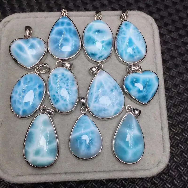 S925 Natural Larimar Pendant Reiki Mineral Jewelry Healing Stone For Men Women Decoration Jewelry 20MM