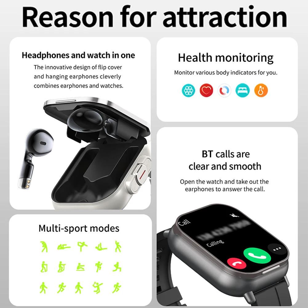 D8 2 In 1 Smart Watch With Earbuds With 2” Touchscreen Payment Function Heart Rate Blood Pressure Monitor For Men Women