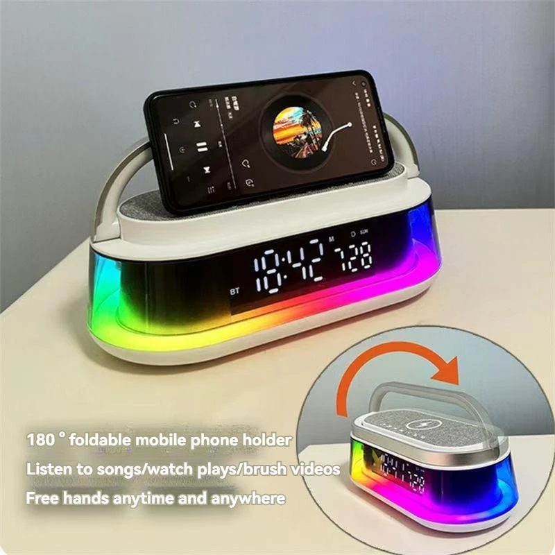 2025 New Creative Mobile Wireless Charging Alarm Clock Bluetooth Speaker Portable White Noise USB Desktop Speaker RGB Music Box