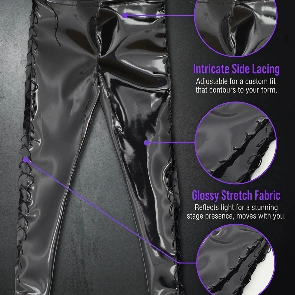 Sexy Men Waterproof PU Elastic Pencil Pants Bandage Hollow No-clean Double Side Slim Trousers Latex Faux Leather Punk Pants