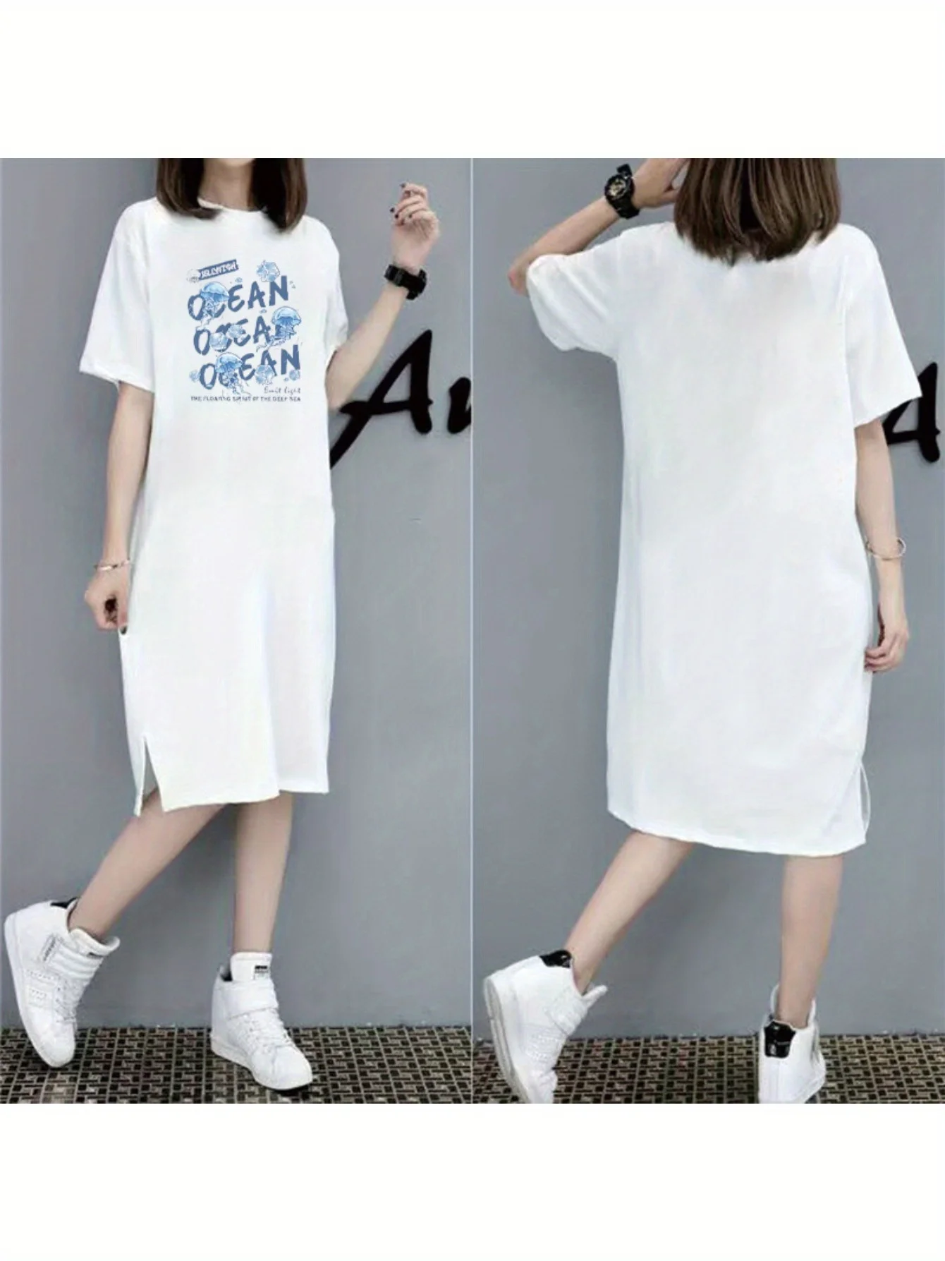 여성 여름 새로운 패션 반팔 티셔츠 롱 스커트는 당신을 슬림하고 느슨한 대형 게으른 여름 옷으로 보이게 만듭니다.