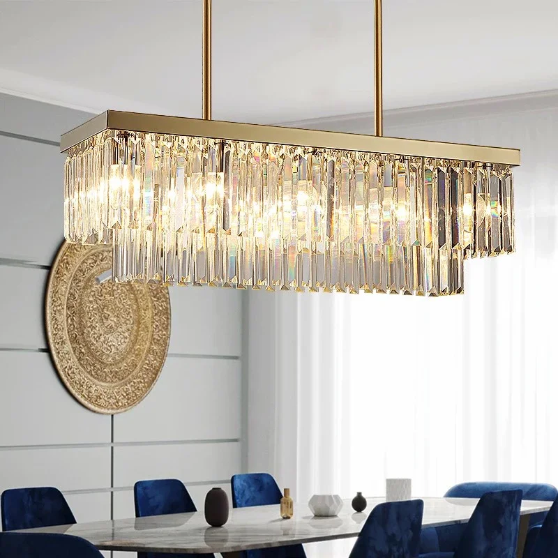 

Modern Silver Crystal Chandelier for Dining Room Rectangle Kitchen Island Suspension Crystal Lamps Luxury Home Decor Led Pendant