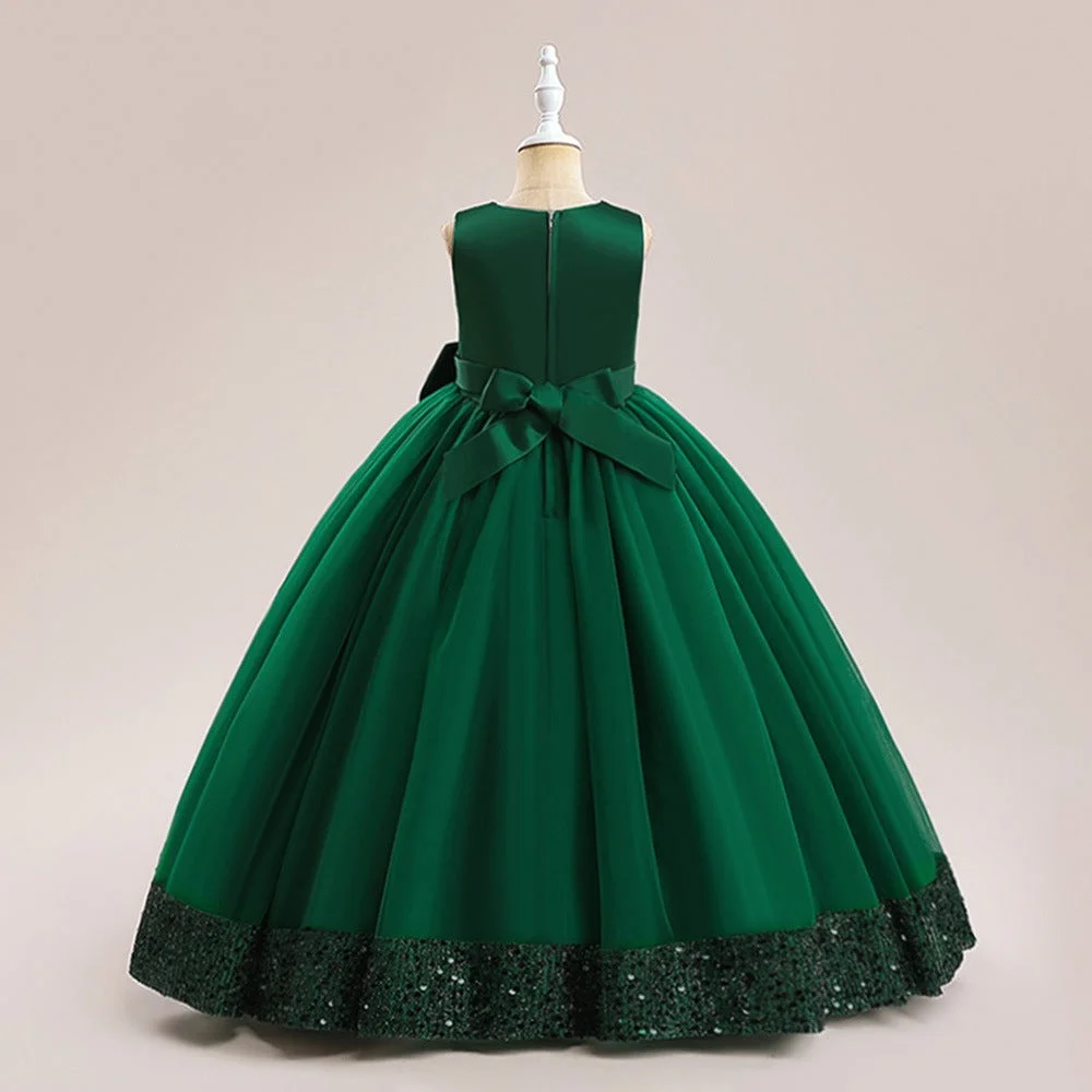 Tulle Ball Gown Sleeveless Flower Girl Dress Satin Big Bow Formal Dress Sequin Hem for Wedding Pageant Birthday Party