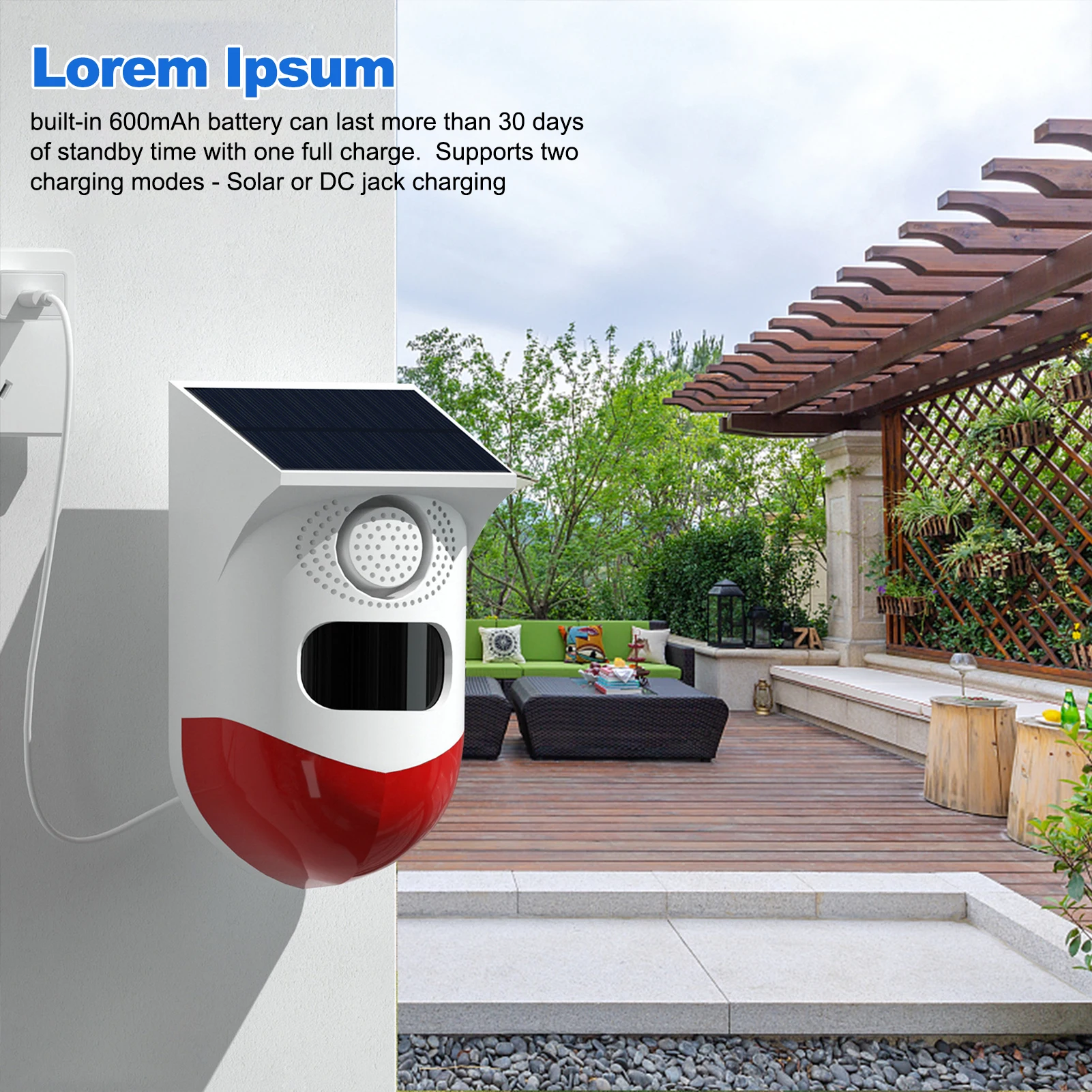 Solar Motion Sensor Alarm Outdoor Solar Alarm 120dB Loud Siren LED Strobe Lights Sound Security Alarm Adjustable Sensing Distanc