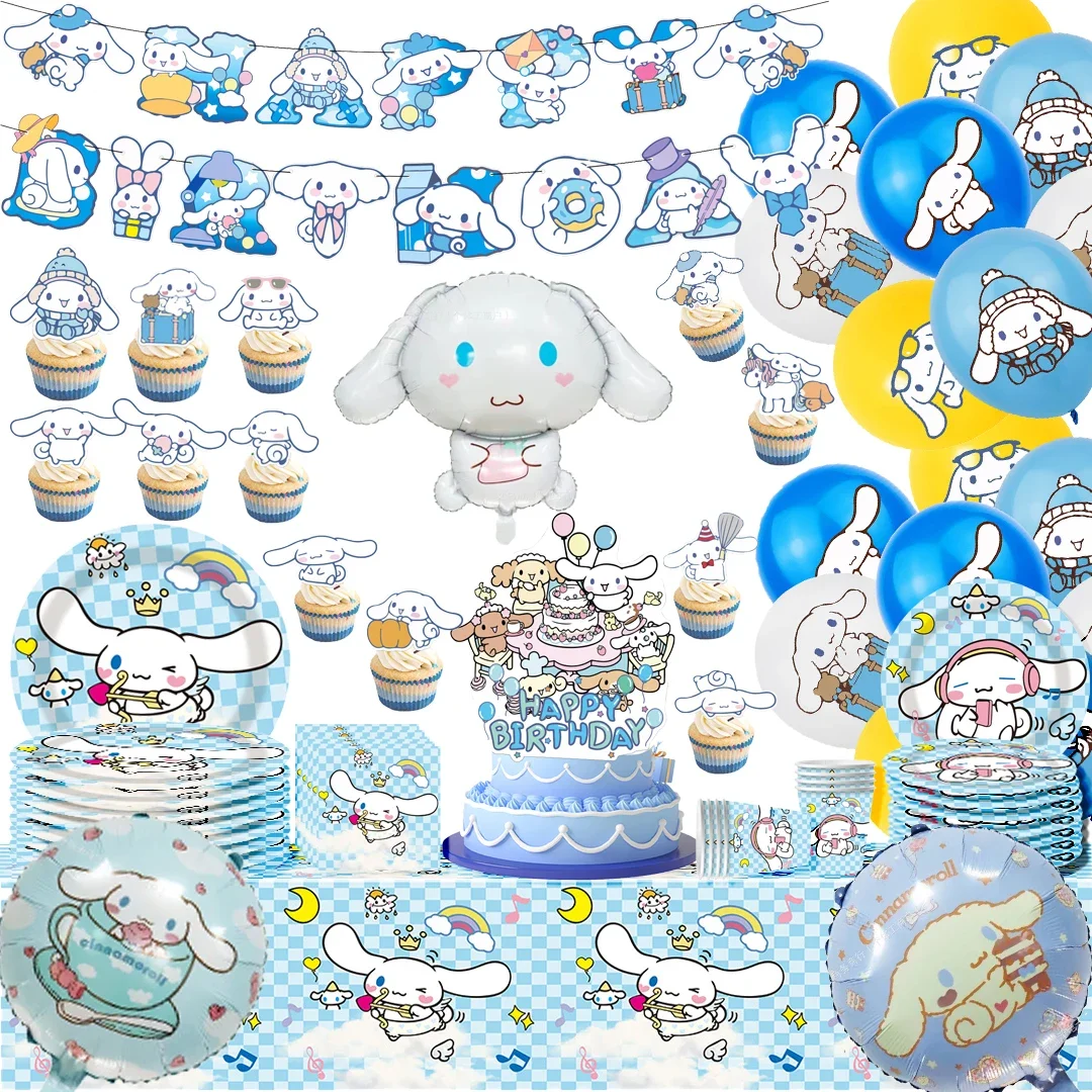 Cute Sanrio Series Birthday Party Dinnerware, Descartável Banner Bolo Topper, Bandeira Pendurada, Balões Cinnamoroll, Decoração de Aniversário