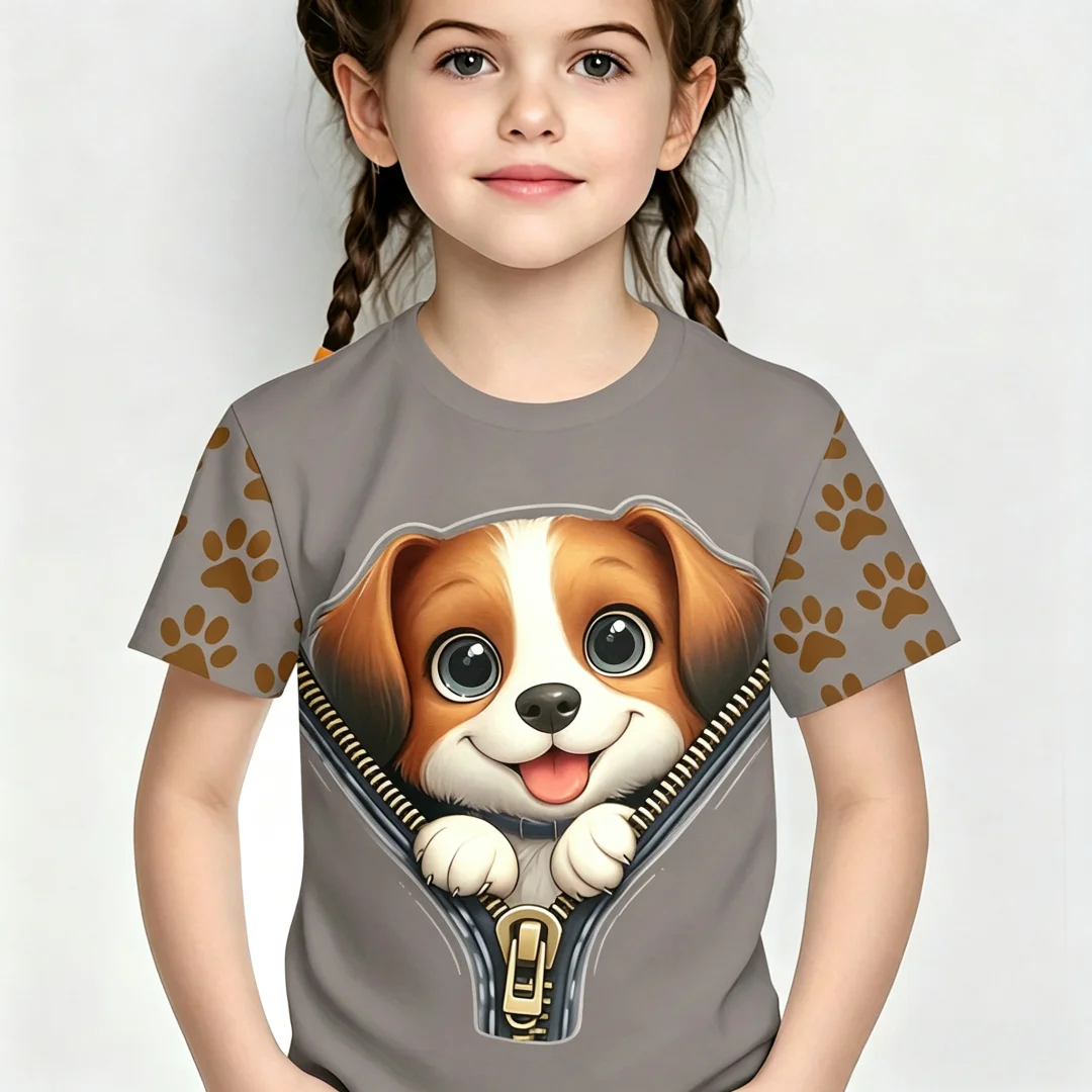 Summer Children's Puppy Zipper Paw Print Tee Soft Fabric Breathable Loose Versatile Daily Outdoor Party Vacation Casual Wear