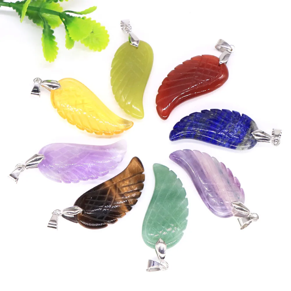 

35mm Angel Wing Pendant Natural Stone Amethyst Lapis Reiki Healing Crystal DIY Necklaces Fashion Gem Jewelry Love Gift Wholesale