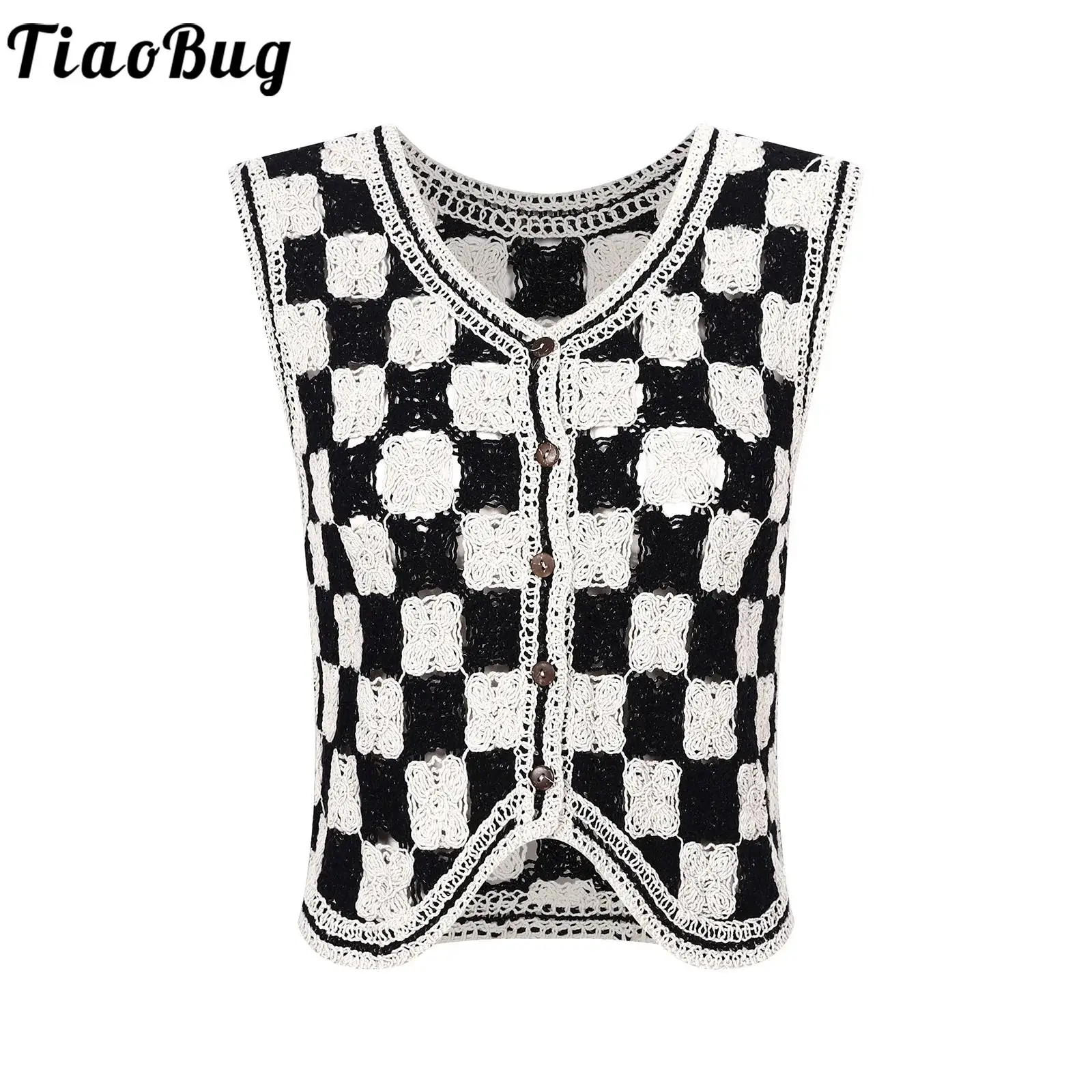 

Womens Fashion Hollow Out Knitted Vest Flower Pattern V Neck Waistcoat Sleeveless Button Jacket Knitwear Tops