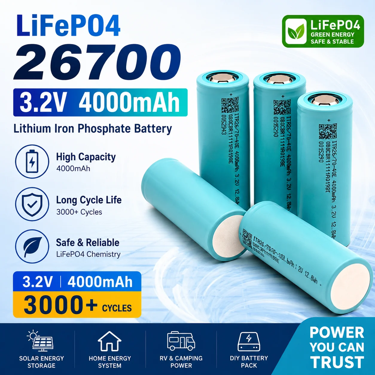 3.2V 26700 4000mAh LiFePO4 Rechargeable Battery 3C Discharge DIY 4S 8S 12V 24V 36V 48V Electric Tricycle Batteries Pack Grade A