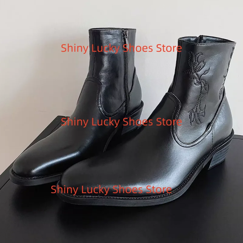 

Carving Shoes for Mens Round Toes Chunky High Heels Males Short Boots Solid Tacones Sewing Lines Chassure Hommes Side Zippers