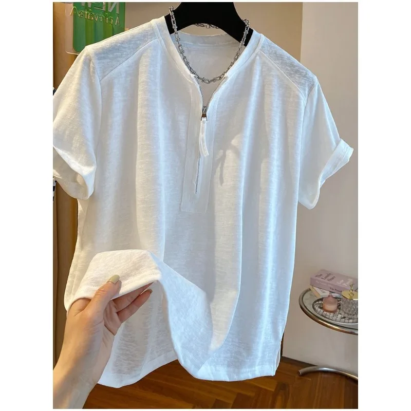 Fashionable Short-sleeved T-shirt for Women Thin Half-zip Design Solid Color Loose Round Neck Versatile and Temperamental Top